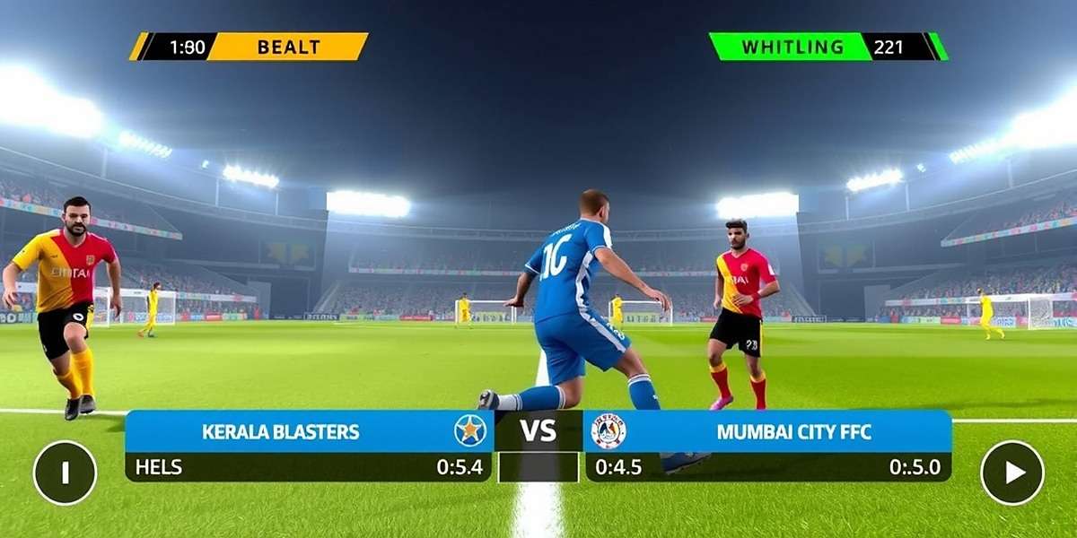 ISL Action in FIFA Mobile Finesse Finish FIFA Mobile Finesse Finish screenshot showing an ISL match between Kerala Blasters and Mumbai City FC with authentic kits and stadium